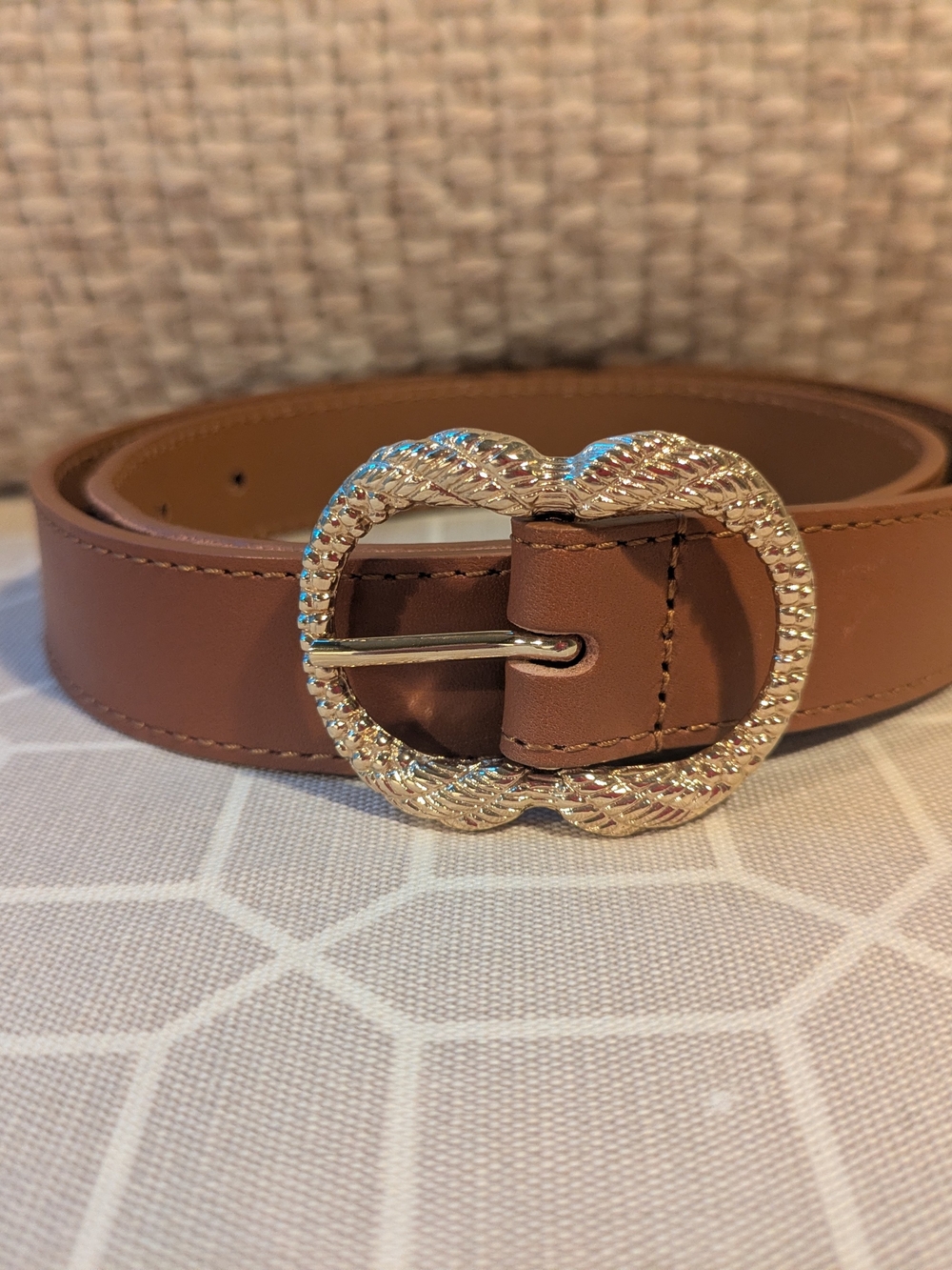 Sezane Brown Leather Belt with Gold Textured Oval Buckle